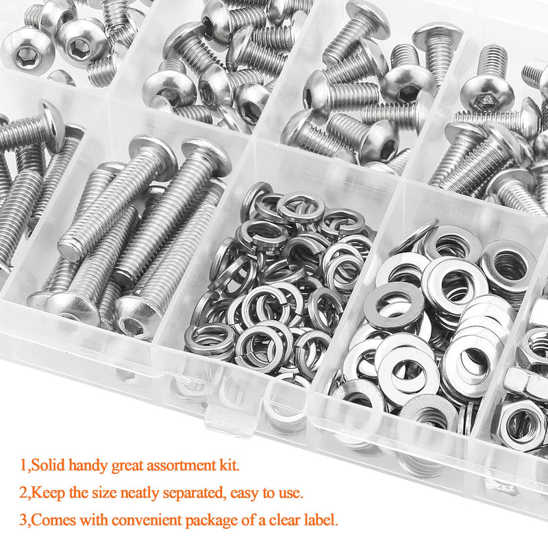 240 Pieces M5 x 6mm /8mm /10mm /12mm /16mm /20mm /25mm, Button Head Socket Cap Screws Bolts Washers Nuts Kit, 304 Stainless Steel