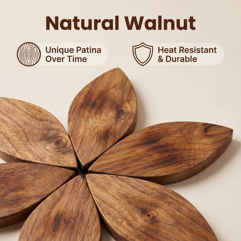 Tree Shape Wooden Trivet Set, 4 Pack Foldable Walnut Wood Hot Pot Holder with Stand, Expandable Heat Resistant Trivets for Kitchen Table Pot Pan Teapot Protection