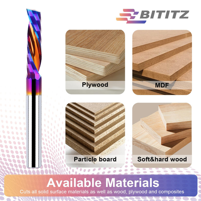 2PCS O Flute Spiral Router Bit 1/4 Inch Shank 1/4 Inch Cutting Diameter 1 inch Cutting Length with Extra Long Life Coating CNC Router Bits End Mill for Wood Cutting, Slot Mortise, Engraving 2 pieces