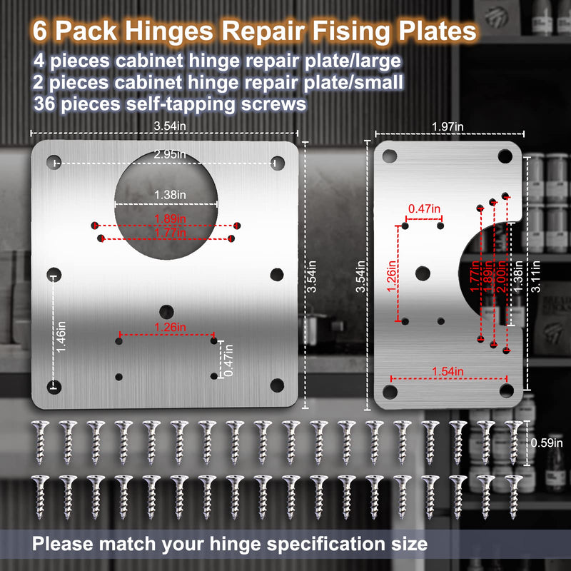 6 PCS Cabinet Hinge Repair Plate, Hinges Repair Fixing Plates, Stainless Steel Hinge Repair Board, Kitchen Cupboard Door Hinge Repair Brackets Kit, Hinge Fixing Plate Bracket Kit with Mounting Screw