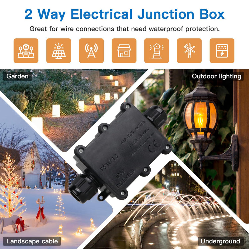 Helunsi 2 Pieces Waterproof IP68 External Junction Box, 2 Way Outdoor Junction Box, Underground Plug Line Coaxial Cable Connector Wire Range 5 to 15mm Electrical Power Cord Weatherproof Boxes - Black Black-2pcs