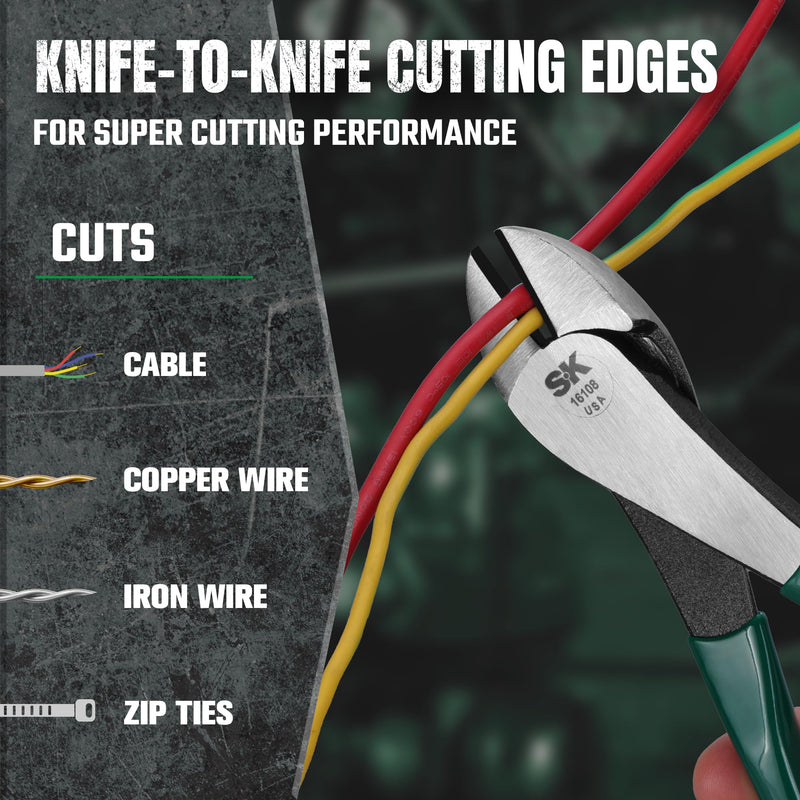 SK Tools USA Heavy Duty Diagonal Cutting Pliers, 8" Long | 16108 Standard Diagonal Pliers