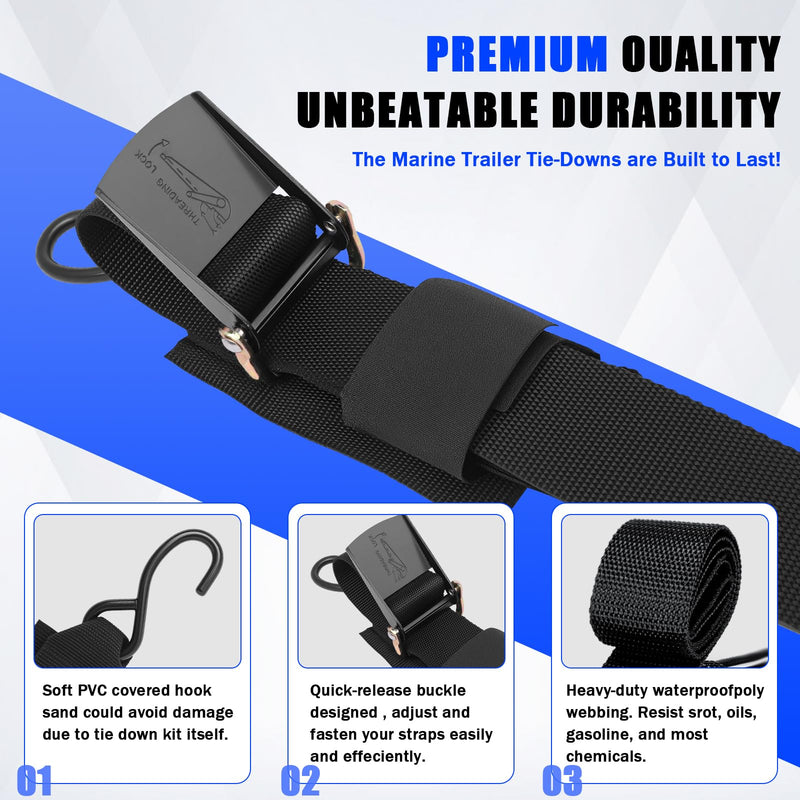 Boat Trailer Tie Down Straps, for Yamaha Watercraft PWC Adjustable Boat Trailer Straps, with Quick Release Buckle & Anti-Scratch Hooks 2 Inch x 24 Inch for Trailer、Boat or Kayak Secure - 2PCS (Black)