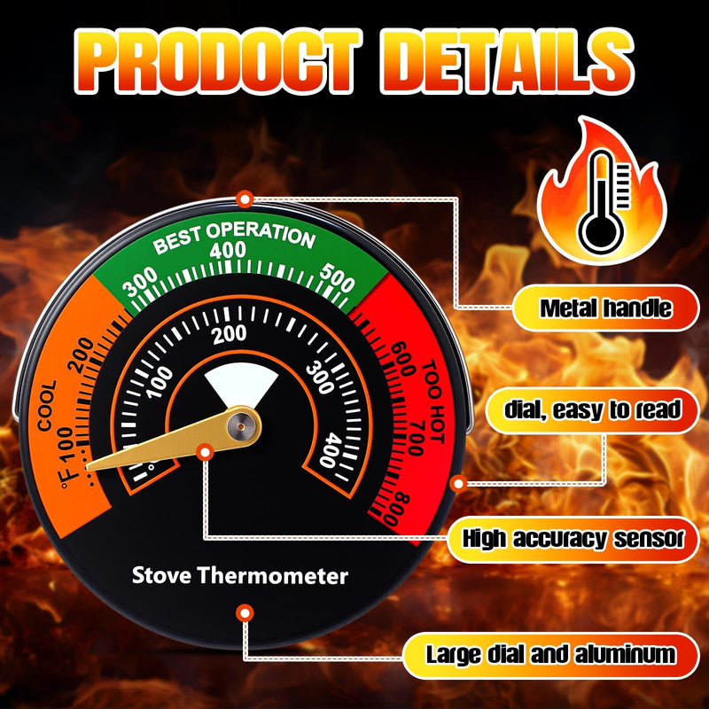 Frienda Magnetic Stove Pipe Thermometer for Wood Gas Pellet Stove, 4 Pcs