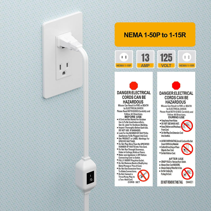 On Off Switch Extension Cord [2-Feet], 2-Prong/2 Outlet Polarized Extension Cord with Switch 12A/125V for Your Chargers/Lamp/Power Adapters etc, 16AWG Cord White