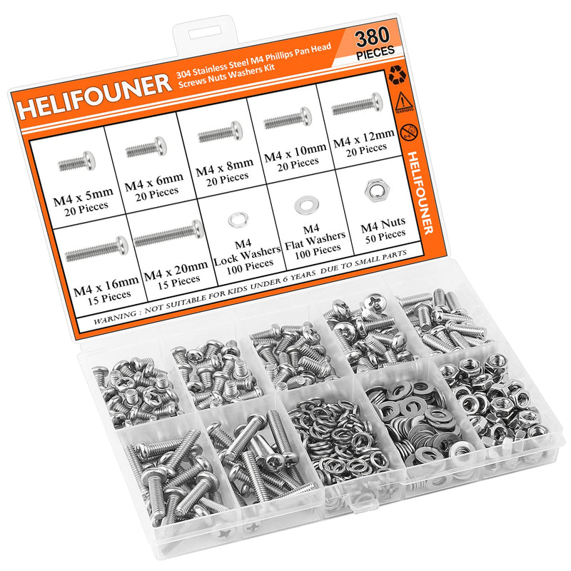380 Pieces M4 x 5mm /6mm /8mm /10mm /12mm /16mm /20mm, Phillips Pan Head Machine Screws, Metric Screws Bolts Washers Nuts Kit, 304 Stainless Steel