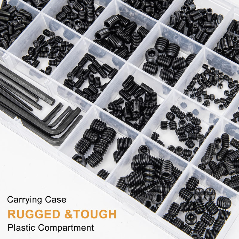 VIGRUE 1105PCS 25 Sizes Metric & SAE Set Screw Assortment Kit Internal Hex Drive Allen Grub Screws Set Cup-Point Alloy Steel, M3 to M8 and 1/8-40 to 5/16-18 Black
