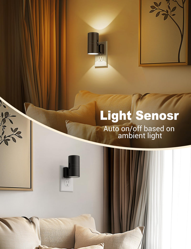 Night Lights Plug into Wall, Dimmable Night Light Plug in, Modern Night Lights with Dusk to Dawn Light Sensor, Soft White 3000K, 0-100LM Adjustable Brightness Nightlight for Hallway Bedroom, 2 Pack Warm - Black Shade