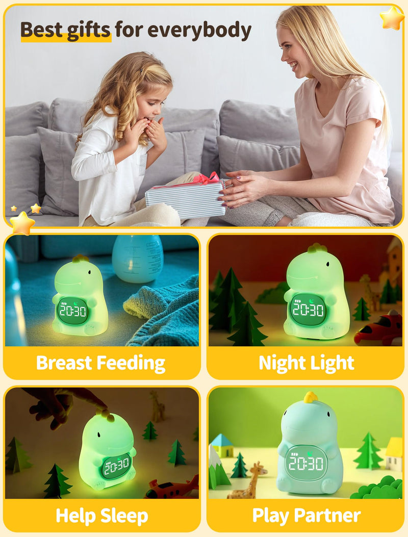 MASHI Dinosaur Alarm Clock with Night Light, Toddler Sleep Training Clock with Sun & Moon, Sleep Sound Machine, ok to Wake Clock for Kids, Digital Alarm Clocks for Bedrooms,Gift Ideas for Kids Child Dinosaurs