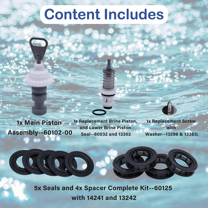Softener Valve Refurbishment Kit Compatible with Fleck 5600,Includes Softener Main Piston 60102-00,Seals and Spacers 60125,Screws,Brine Piston 60032,And lower brine seal