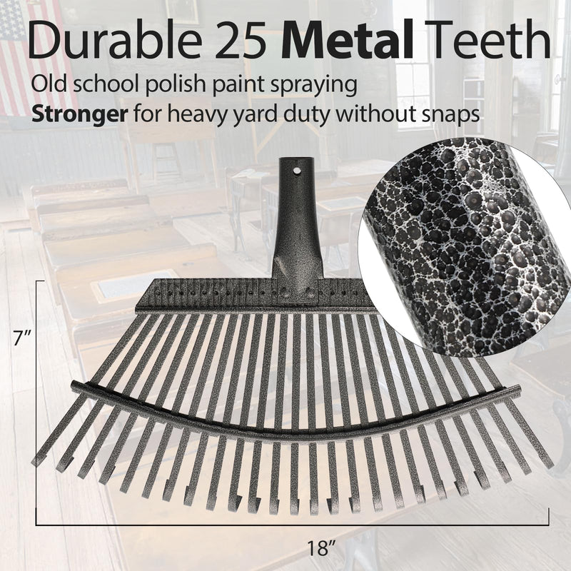 Leaf Rake, 30-61 inch Garden Rakes for Leaves Heavy Duty Long Handle, 25 Tines 18" Wide Metal Thatch Lawn Gravel Shrub Yard Landscape Rake for Leaves and Grass 30-61"