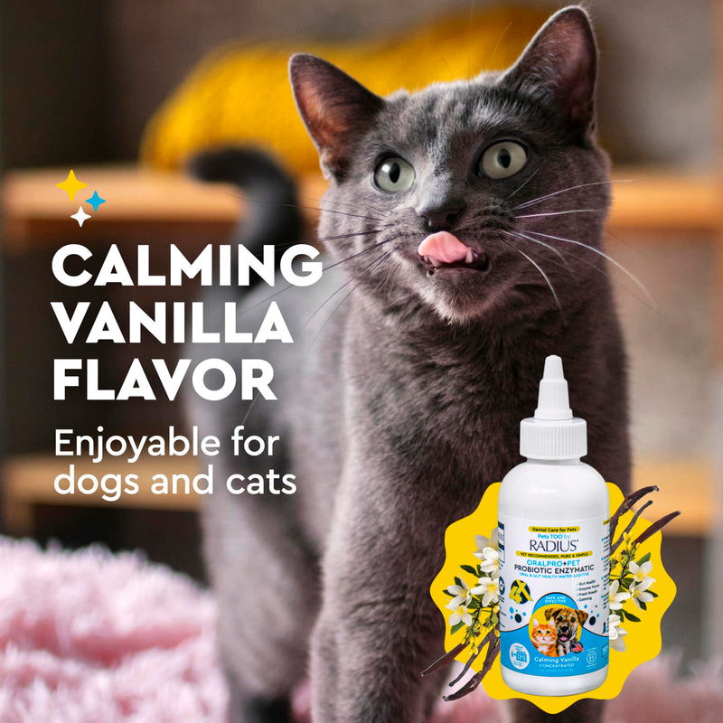 RADIUS OralPro+ Pet Probiotic Enzymatic Water Additive - Dog and Cat Dental Care Solution - Plaque & Tartar Defense Meal Supplement - Fresh Breath & Gut Health - Calming Vanilla, 4 Oz (Pack of1) Pack of 1 Clear