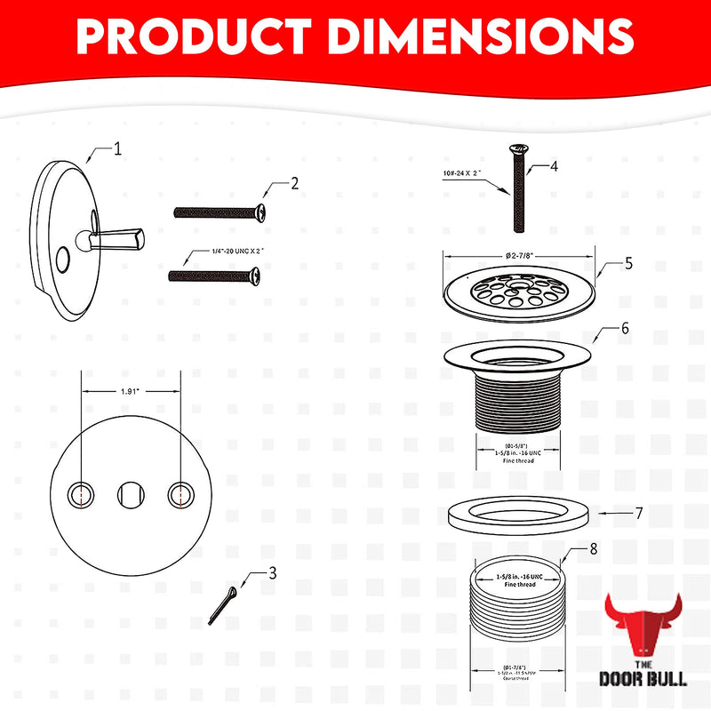 Trip Lever Bathtub Drain Kit with Strainer – 2-Hole Overflow Faceplate, Matching Screws – Tub Drain Trim Replacement Set for Bathroom Bathtubs Chrome