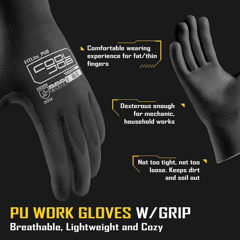 COOLJOB 12/60 Pairs Safety Work Gloves Pack Bulk with Grip PU Coating, 13 Gauge Seamless Knit Gloves with Polyurethane Dipped for Warehouse Working, Breathable Lightweight for Men Women, Black Large Large (Pack of 12)