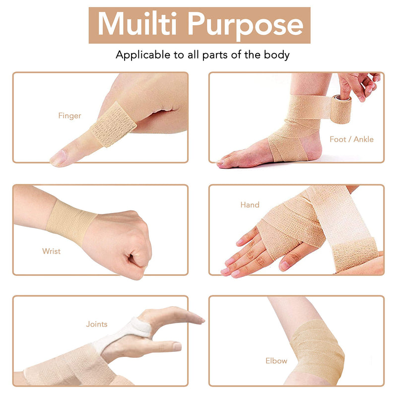 RISEN Cohesive Bandage 2” x 5 Yards, 6 Rolls, Self Adherent Wrap Medical Tape, Adhesive Flexible Breathable First Aid Gauze Ideal for Stretch Athletic Tan 6 Count (Pack of 1)