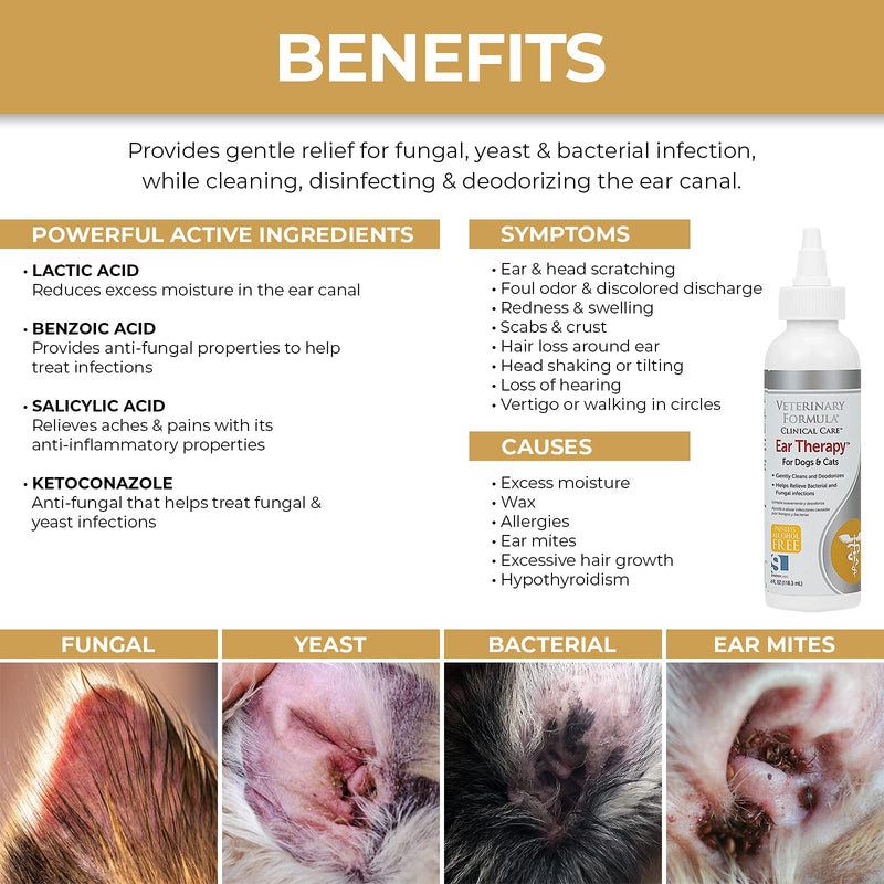 Veterinary Formula Clinical Care Ear Therapy, 4 oz. – Medicated Ear Drops to Help Relieve Bacterial and Fungal Infections in Dogs and Cats – Cleans and Deodorizes 4 ounces - PawsPlanet Australia