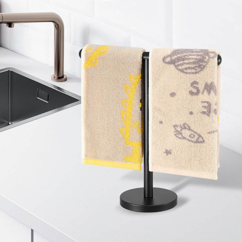 T-Shape Bath Hand Towel Holder Stand, SUS304 Stainless Steel Free Standing Hand Towel Rack with Heavy Base, for Bathroom Kitchen & Countertop, Matte Black Style2-black（1 Pack）