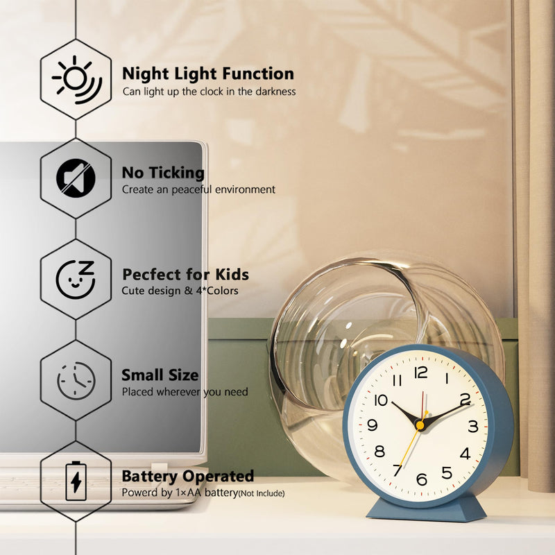 AYRELY® 4.5" Analog Alarm Clock,Small Retro Desk Clock Battery Operated,Slient Metal Table Clock with Light for Living Room Decor,Bedroom,Bedside,Shelf (Blue) Blue
