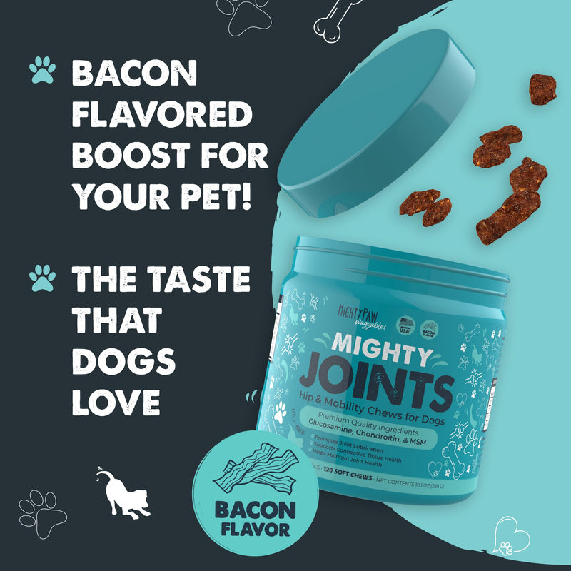 Mighty Paw Waggables Joint Support Supplement for Dogs (Made in USA) | Glucosamine for Dogs Hip and Joint Supplement. Vet Formulated Pet Mobility, Chondriotin & MSM Pet Chews (120 Ct) - PawsPlanet Australia
