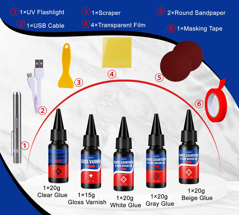 Quartz Countertop Repair Kit - 4×20g Repair Glue (Clear,White,Gray,Beige) - 30s UV Fast Curing with Gloss Varnish | DIY Fixes Chips,Cracks, Scratches on Marble,Granite, Acrylic, Porcelain, Fiberglass