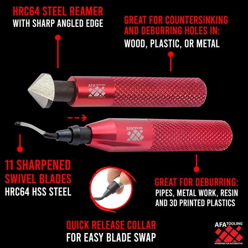 AFA Tooling - Deburring Tool & Countersink Hand Reamer with 10 Extra Blades - Works on Metal, Resin, PVC Pipes, Copper, Plastic and 3D Printed Edges - Plumbing & 3D Printing Burr Removal Reamer Tool Reamer & Deburring Tool