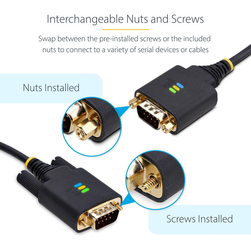 StarTech 3ft USB to Serial Adapter Cable, FTDI (1P3FFCB-USB-SERIAL) | USB-A to DB9 RS232, Interchangeable DB9 Screws Nuts, COM Retention, LED Indicators 3.3ft