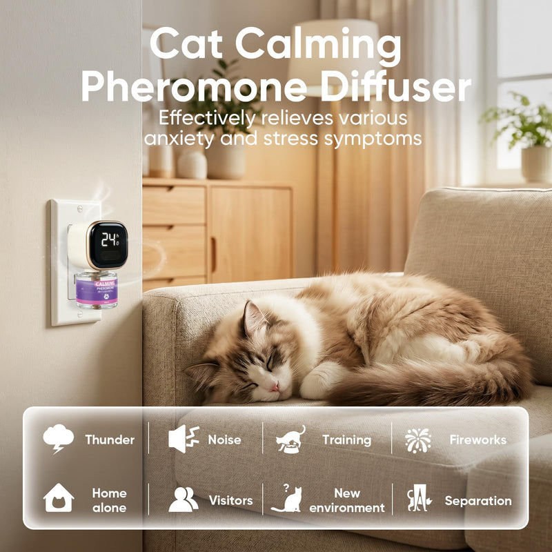 Cat Calming Diffuser Kit with Timer And Memory Adjustable 4/8/12/24H Cat Pheromone Diffuser 3-Pack (48ml Each) Helps Reduce Stress, Spraying, Fighting, Excessive Meowing & Scratching Fits All Cats Beige