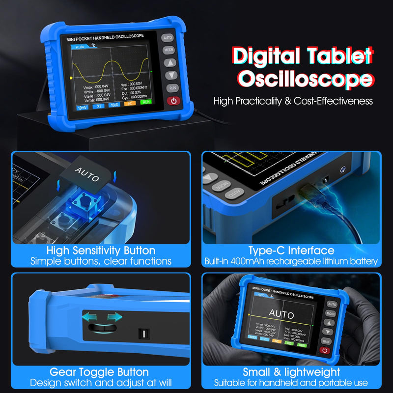 Handheld Oscilloscope, 2.8" TFT Digital Tablet Oscilloscope with 250KHz Bandwidth, 2.5MS/s High Sampling Rate, Auto Trigger, Portable Mini Oscilloscope Kit for Home, Electricians, DIYer