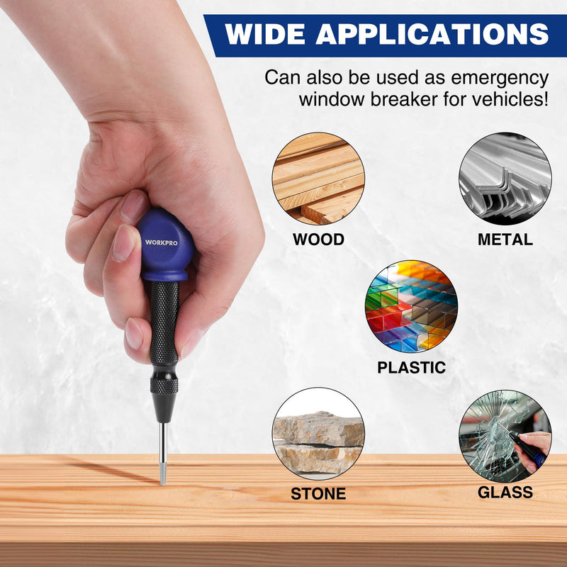 WORKPRO 2PCS Automatic Center Punch with an Extra Replacement Tip, Adjustable Spring Loaded Center Punch, Metal Punch Tool, Center Hole Punch for Wood, Metal, Plastic 2pcs Auto Center Punches with a Replacement Tip