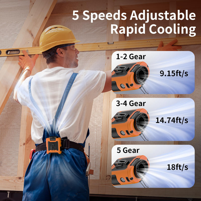 Socool 10000mAh Portable Waist Fan Clip On Personal Fans Rechargeable, 67H Cooling Wearable Belt Shirt Fan with 5 Speed Wind Adjustable & LED Light, Hanging Neck Fan for Outdoor Jobsite Camping Orange