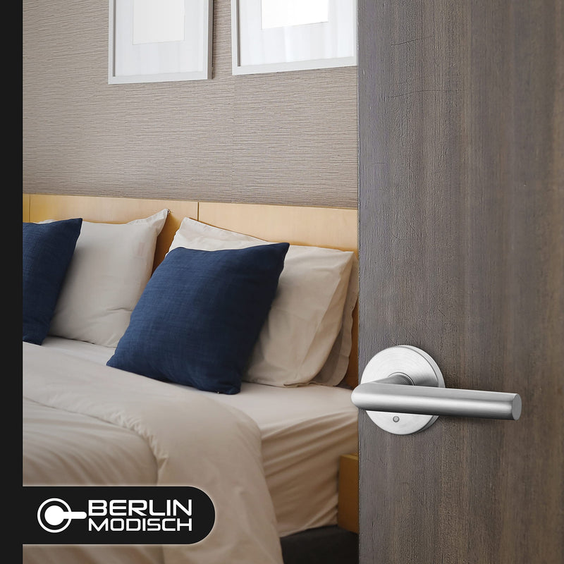 Berlin Modisch Privacy Lever Door Handle Sleek Round Easy to Open Locking Lever Set [for Bedroom or Bathroom] Reversible for Right & Left Sided Doors Heavy Duty - Satin Nickel Finish Privacy [Lock with no key required] Brushed Nickel