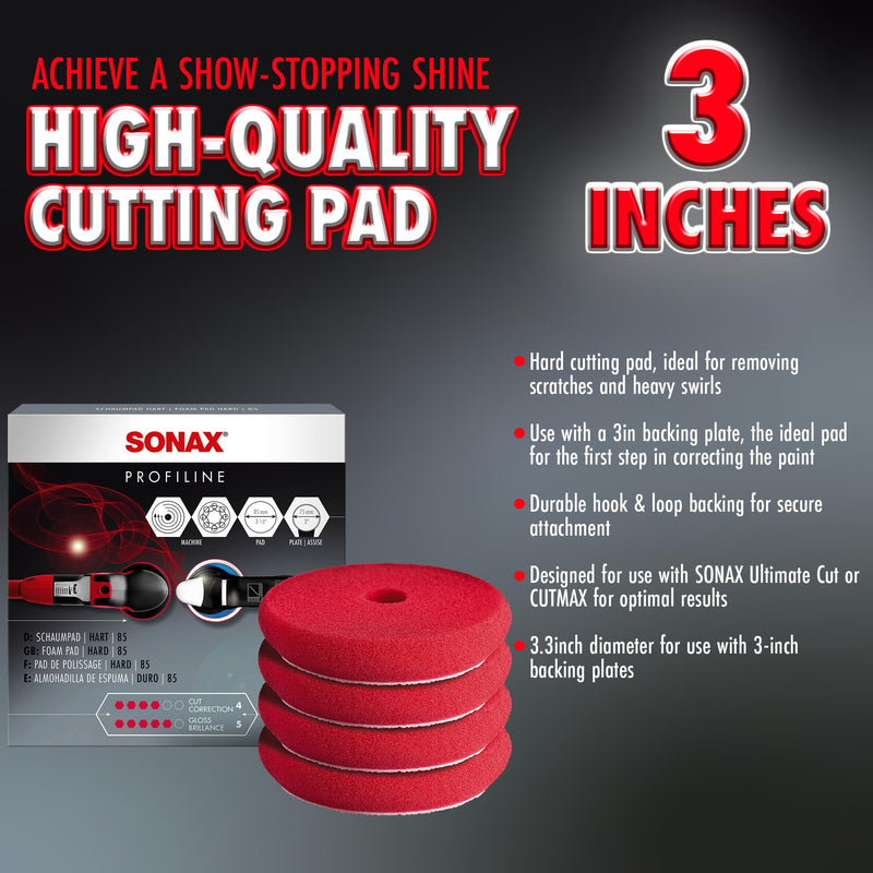 SONAX Red Hard Cutting/Polishing Pad 493100 | Heavy-Duty Foam Pad for Swirl & Scratch Removal | Ideal for Aggressive Paint Correction | for Dual Action & Rotary Polishers | 494200 | 4 Pack, 3-Inch