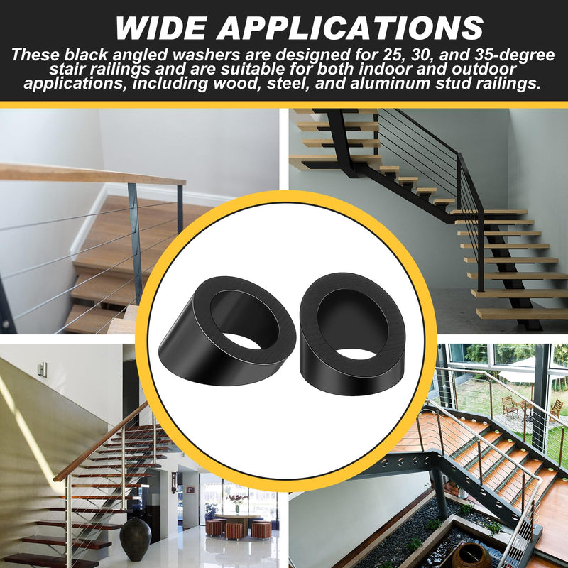 LEIFIDE 30 Degree Angle Washer - 3/8" ID for 1/8" & 3/16" Cable Railing Hardware- Black Stainless Steel Angle Beveled Washer for Cable Railing Stair Ends- 50 Pack 3/8 Inch