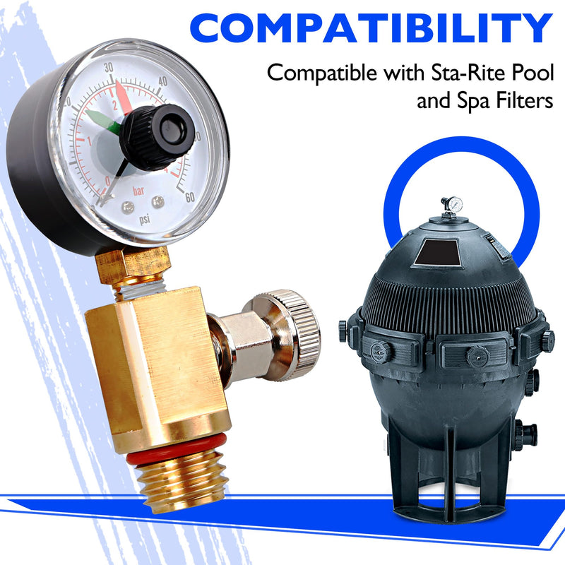 24850-0105 Brass Air Relief Valve and Pressure Gauge Assembly Fit for Sta-Rite System 3 Pool & Spa Cartridge Filters - Durable Brass Valve & Dial Gauge for SM, SD, SS Series Models - Easy to Install