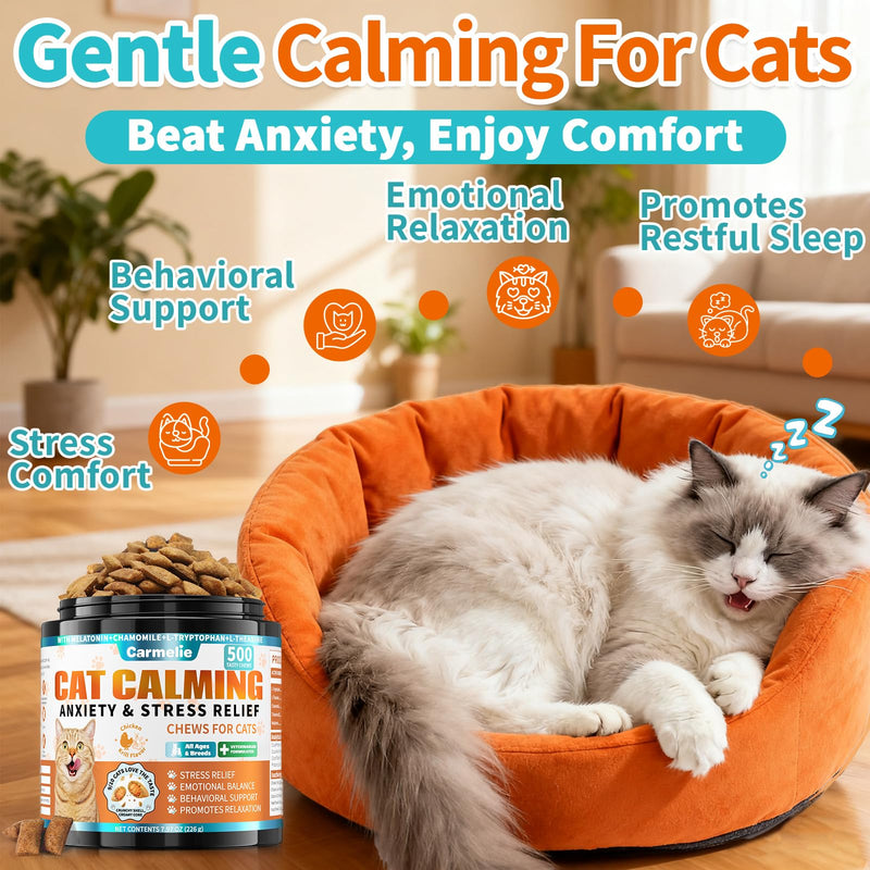 Carmelie Cat Calming & Lysine Treats Bundle, 500 Calming Chews + 500 Lysine Immune Support Chews for Cats – Stress Relief, Immune & Respiratory Support – Chicken & Krill Flavor