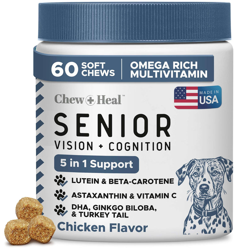Chew + Heal Labs Senior Dog Vision and Cognition Chews - 60 Soft Chews for Dog Eye Care and Memory - 7-in-1 Multivitamin with Omega Fatty Acids, Vitamins, and Botanicals - Made in the USA 60 Count