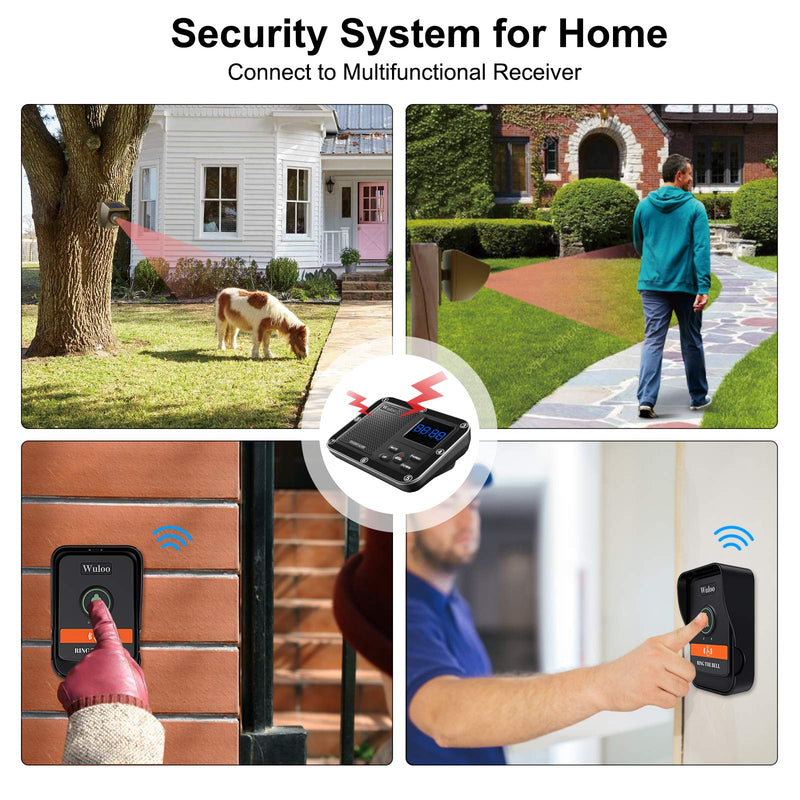 Wuloo Wireless Doorbells for Home, Solar Driveway Alarm, Multifunctional Wireless Home Security System, Rechargeable Battery/Weatherproof/Mute Mode/Clock and Alarm (1 Receiver 1 Sensor 1 Doorbell) 3 units set