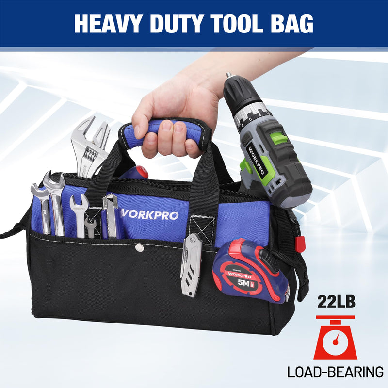 WORKPRO 13-inch Tool Bag, Wide Mouth Tool Tote Bag with Inside Pockets for Tool Storage Blue