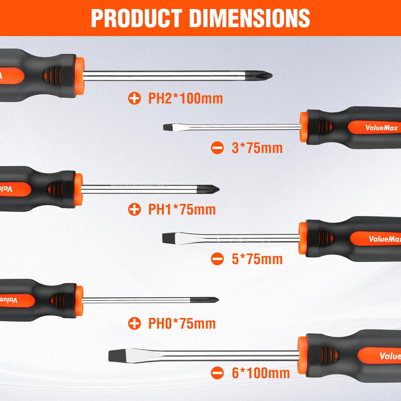 ValueMax 6-Piece Magnetic Screwdriver Set, 3 Phillips and 3 Flat Tip Screwdrivers, Non-slip Handle Screw Driver Set Kit 6 PCS