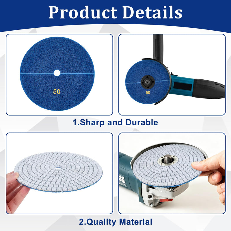 4Pcs Diamond Polishing Pads 7 Inch 50 Grits Wet & Dry Stone Buffing Pads Diamond Sanding Pad for Concrete Terrazzo Travertine Marble Floor Edges Countertop Quartz