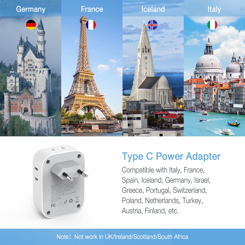 TESSAN 3 Pack European Travel Plug Adapter USB C, US to Europe Plug Adapter with 4 AC Outlets and 3 USB Charger, Type C Power Adaptor for USA to EU Euro Spain France Iceland Italy Germany Greece Gray&White-Type C
