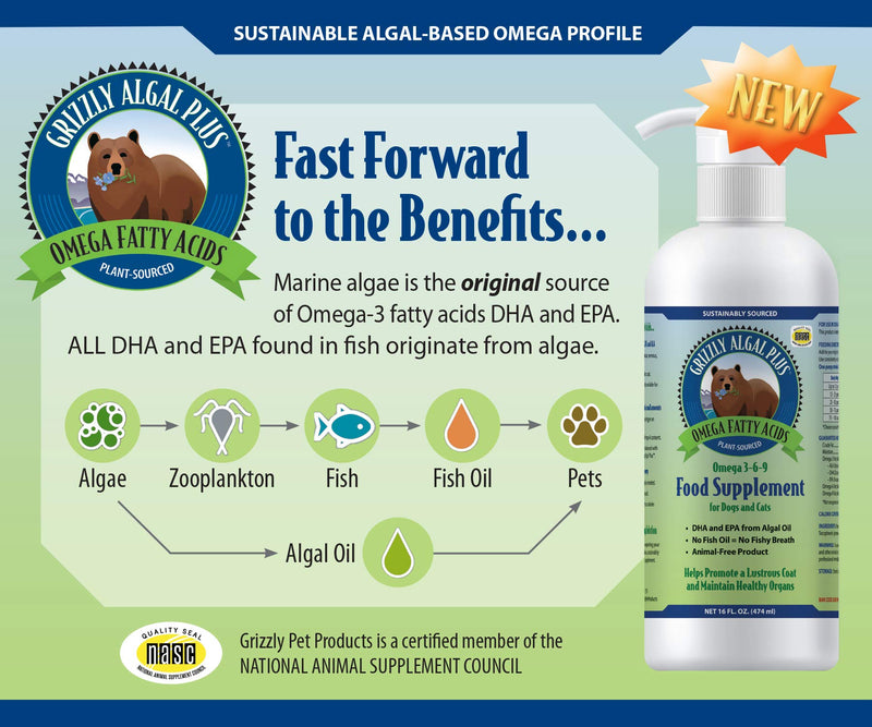 Grizzly Algal Plus Omega Fatty Acids Supplement for Dogs & Cats, 16 Fl Oz - Vegan, Plant-Sourced & Made in USA Algal Oil Omega 3-6-9, Healthy Skin & Coat - PawsPlanet Australia