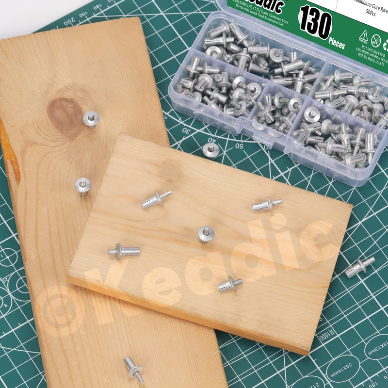 Keadic 130Pcs M5 x 7/9/11mm Aluminum Core Rivets with Round Head Assortment Set with Plastic Case, Half Round Head Hammer Expansion Drive Blind Rivets for Electronic Mechanical Equipment M5*7mm & M5*9mm & M5*11mm