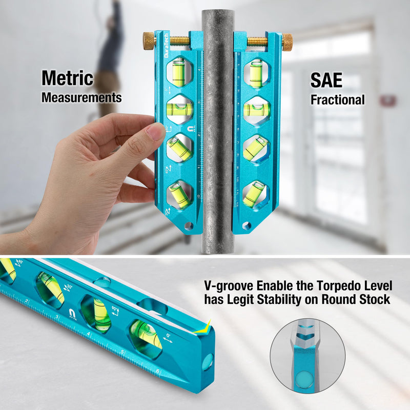 DURATECH 3-Piece Level Tool Set, Magnetic Torpedo Level Included 2.5", 6.25", 8" Level with 0°/30°/45°/90° Bubbles, V-Groove, Large Viewing Window, Aluminium Alloy Construction, SAE and Metric Scale
