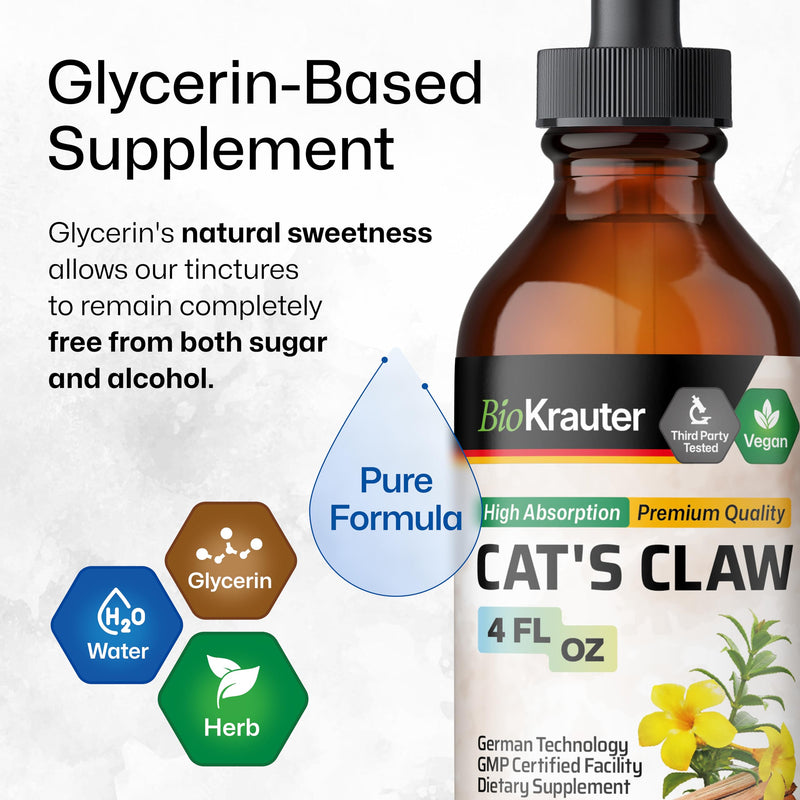 BIO KRAUTER Cats Claw Tincture - Liquid Cats Claw Herb for Immune Support - Alcohol & Sugar Free - Vegan Drops 4 Fl.Oz. 4 Fl Oz (Pack of 1) - PawsPlanet Australia