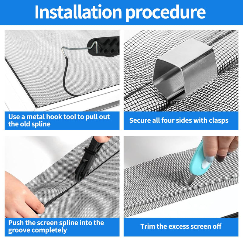 Window Screen Repair Kit, 48"x118" Screen Door Mesh Replacement Kit, Durable Fiberglass Black Window Screen kit with Tools, Rolling, Hook, Spline, Clips for Windows Doors Patio and Porch