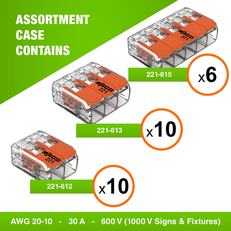 WAGO 221 Series 26pc 10AWG Compact Splicing Wire Connectors | Includes (10x 221-612), (10x 221-613), (6X 221-615) | WAGO Wire Connectors | WAGO 221 Wire Nuts | WAGO 221 Series Assortment with Case NAA221-26