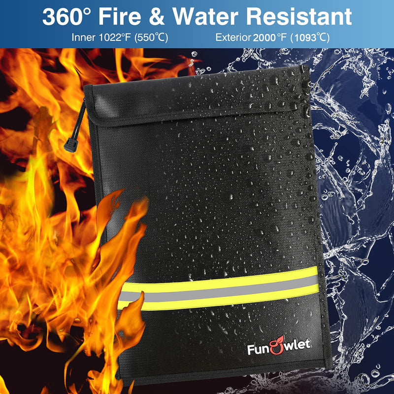 Fireproof Waterproof Money Document Bag - 15" x 11" Upgraded Zipper Bags, Fire & Water Resistant Storage Organizer Pouch for A4 A5 Documents Holder,File,Cash,Jewelry,Passport,Tablet,Laptop (Black) Black