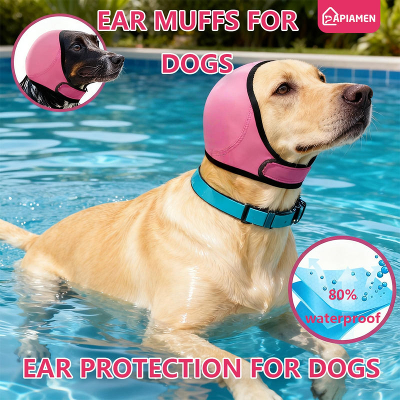Dog Ear Covers,Dog Ear Muffs Noise Protection,No Flap Ear Wrap for Dogs Hematoma Recovery,Adjustable Calming Hoodie Shower Cap for Grooming,Bathing,Swimming & Anxiety Relief(Fuchsia,L) A-Fuchsia L