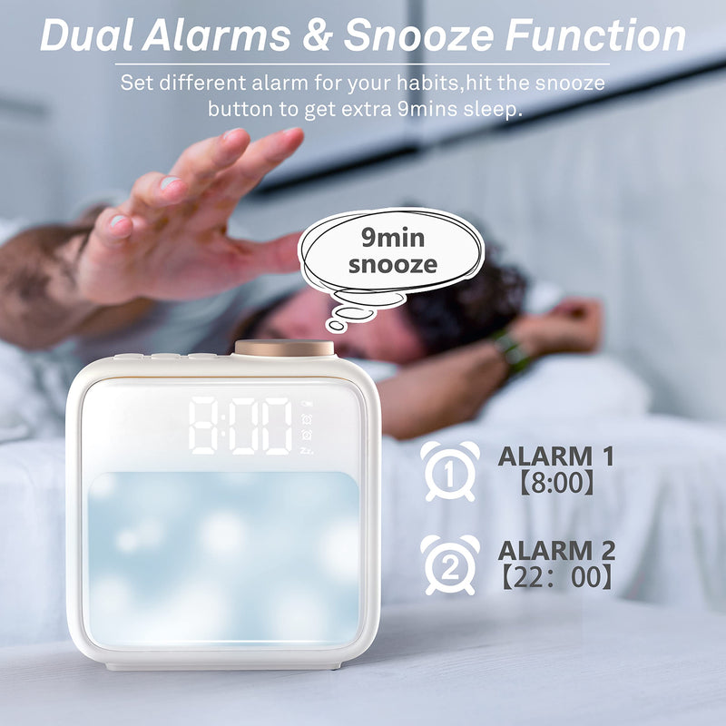 AIRIVO Alarm Clock Night Lights, Built-in Battery Alarm Clock for Bedrooms, 6 Scenes & White Noise Sync, Dual Alarms & Snooze, for Heavy Sleepers, Gifts for Kids Teens Beige